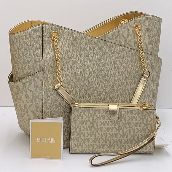 Michael Kors Large X Chain Sholder Tote & Large Double Zip Wallet Pale Gold - Picture 2 of 16